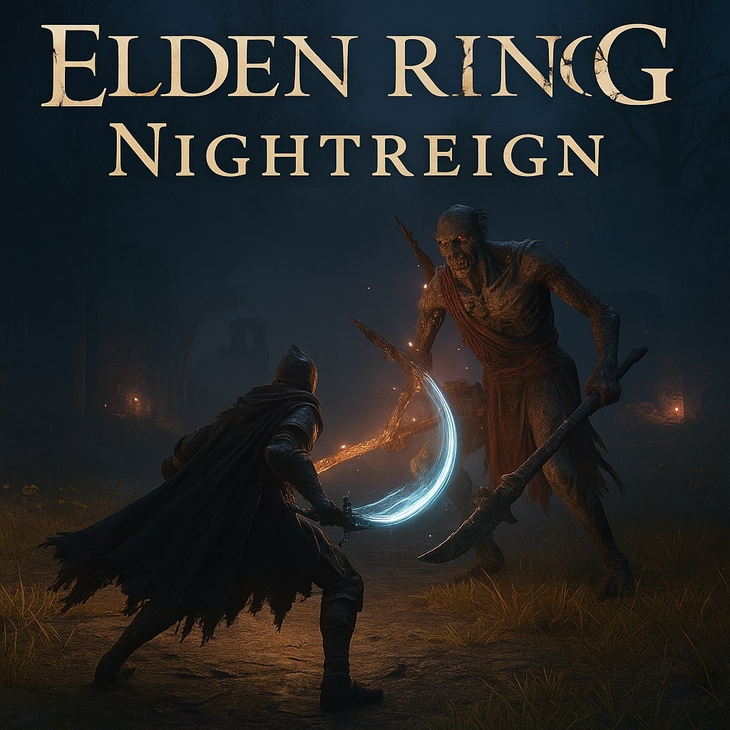 Tangkapan layar bergaya visual fantasi dari ekspansi game "Elden Ring: Nightreign" yang menunjukkan lanskap gelap dengan kastil dan langit dramatis