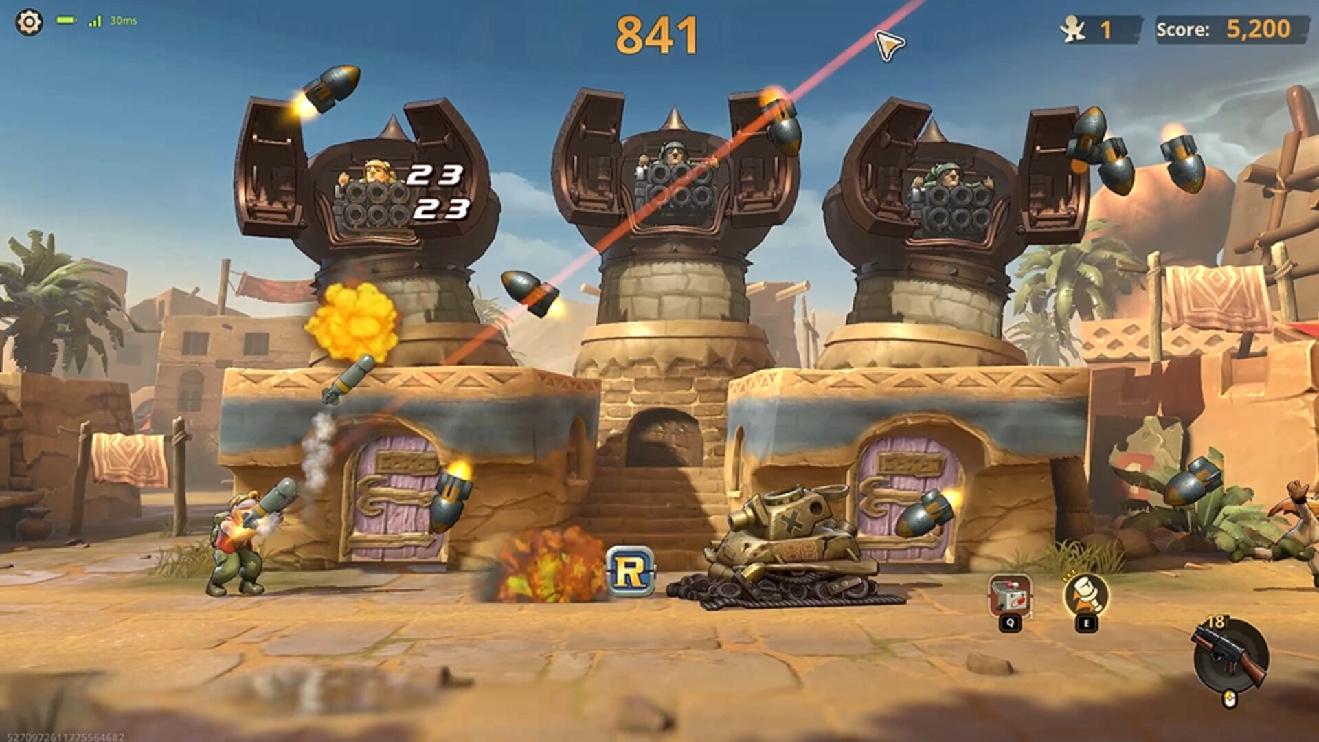 Karakter Marco menembakkan senjata sambil menghindari serangan musuh di Metal Slug: Awakening