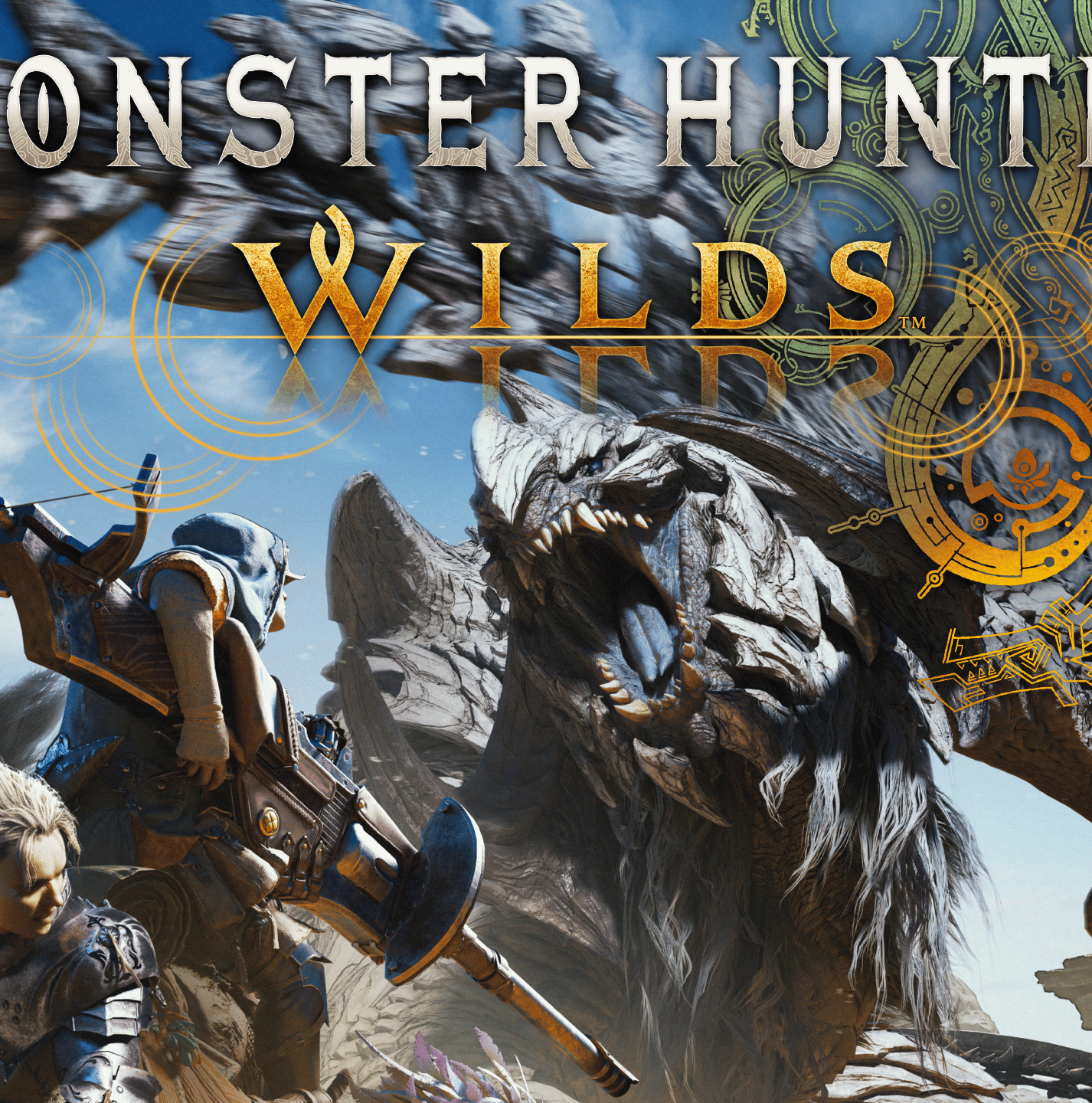 Ilustrasi pertarungan intens dan monster raksasa dalam dunia terbuka realistis di Monster Hunter Wilds.