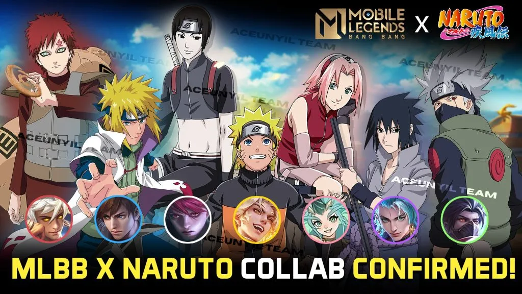 Naruto Uzumaki mengenakan kostum oranye khasnya berdiri di medan perang Mobile Legends dengan latar visual Konoha, menampilkan efek chakra dan elemen kolaborasi MLBB x Naruto.