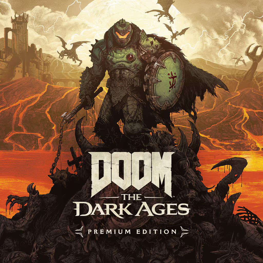 Poster Doom: The Dark Ages Premium Edition dengan Doom Slayer berdiri di medan lava.