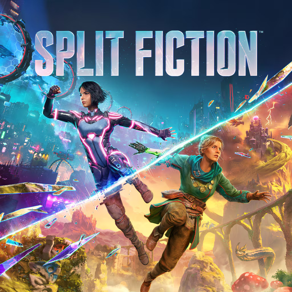Poster metal Split Fiction menampilkan Mio & Zoe di dunia sci‑fi dan fantasy