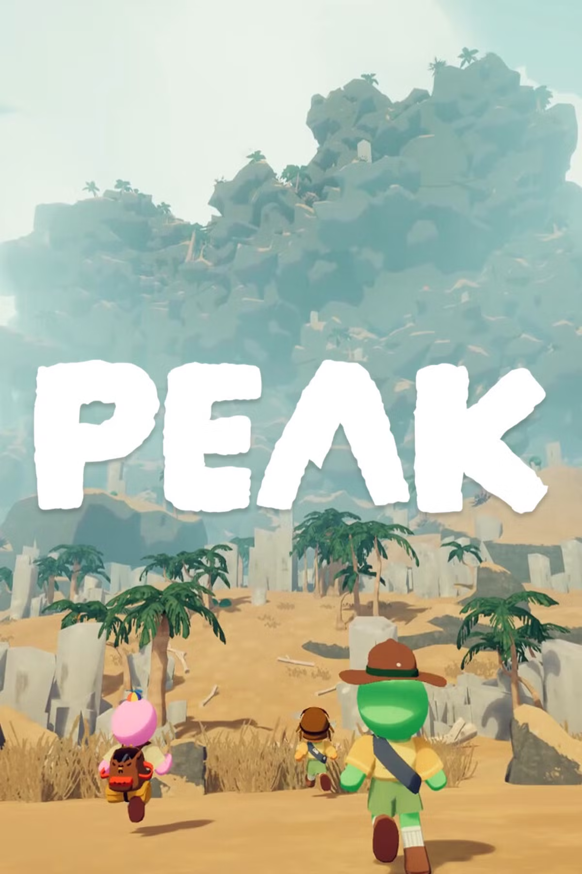 Tiga karakter mendaki menuju gunung tinggi dalam game PEAK