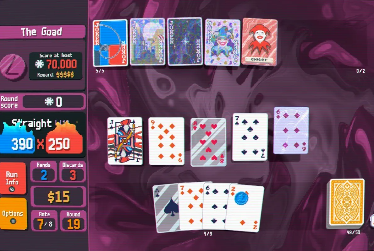 Gameplay Balatro menunjukkan tangan poker dengan efek visual dan kartu Joker