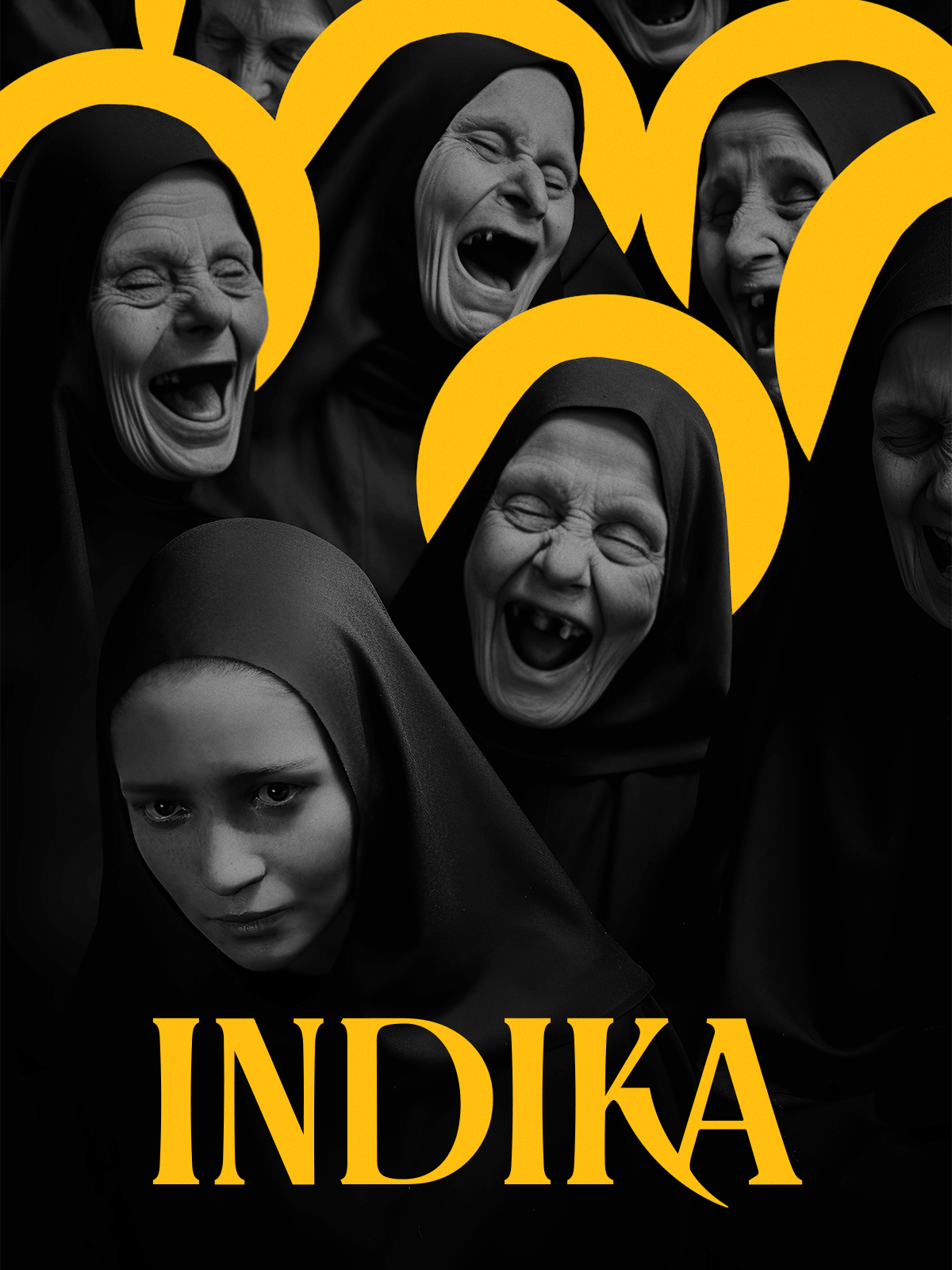 Poster game INDIKA dengan biarawati dan ekspresi ekstrem