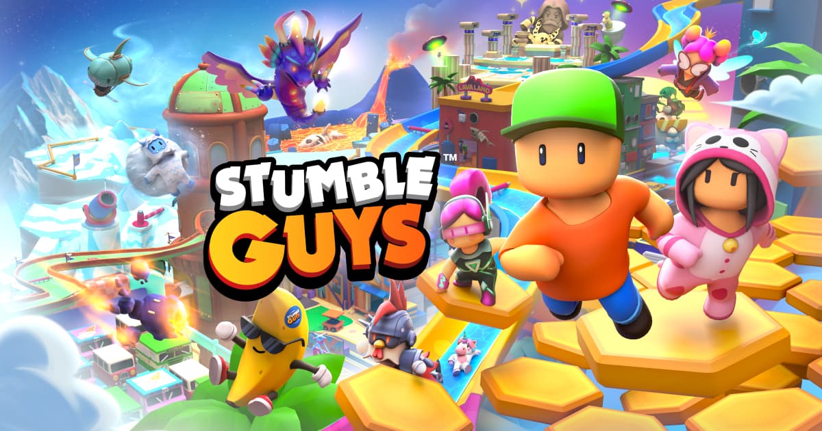 Poster resmi Stumble Guys dengan karakter berlari di arena penuh warna