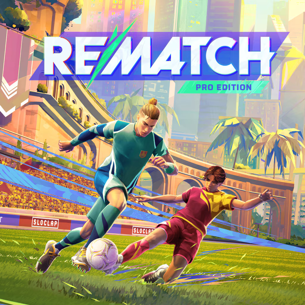 Poster resmi game Rematch dengan dua pemain berebut bola di arena futuristik.