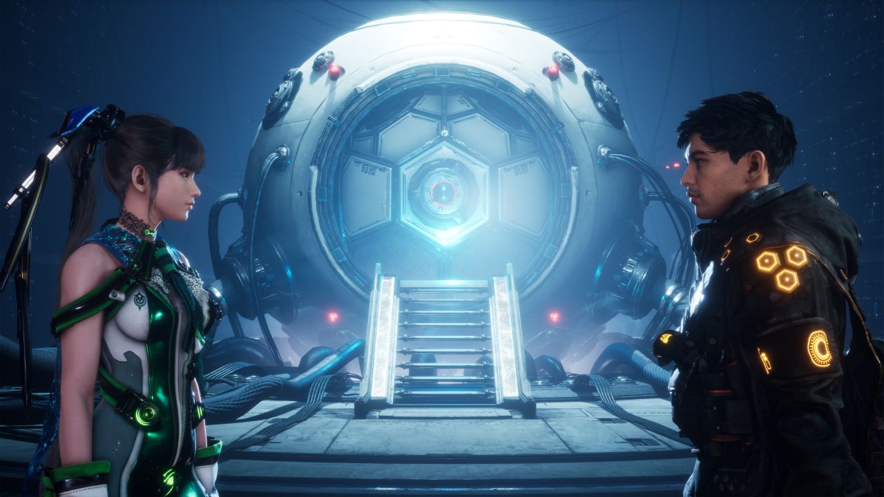 Eve dan Adam di depan mesin futuristik