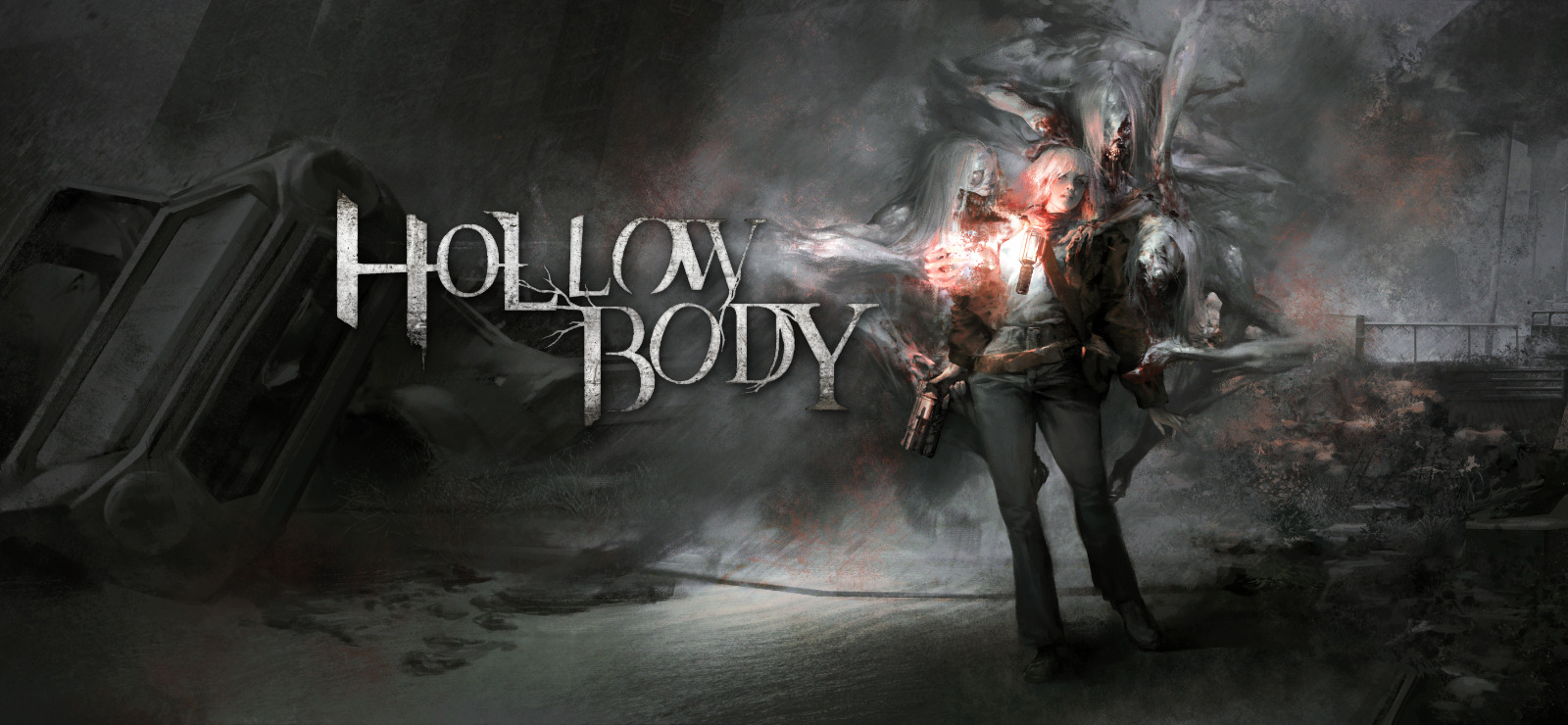 Poster resmi Hollowbody dengan karakter utama berdiri di kota gelap dan sunyi.