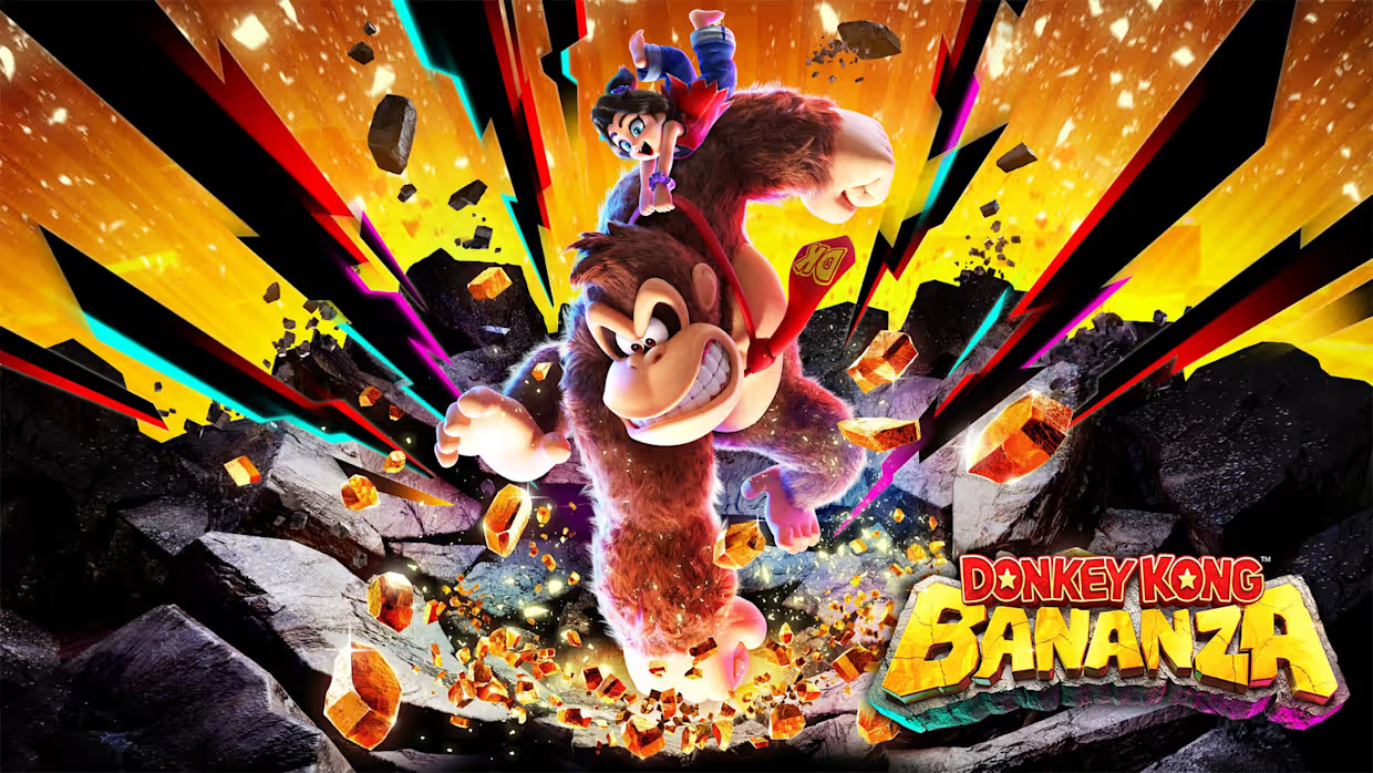 Donkey Kong melompat menghancurkan tanah bersama karakter anak kecil.