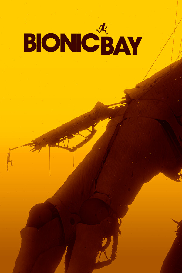 Poster resmi game Bionic Bay menampilkan siluet karakter kecil di hadapan struktur raksasa biomekanis