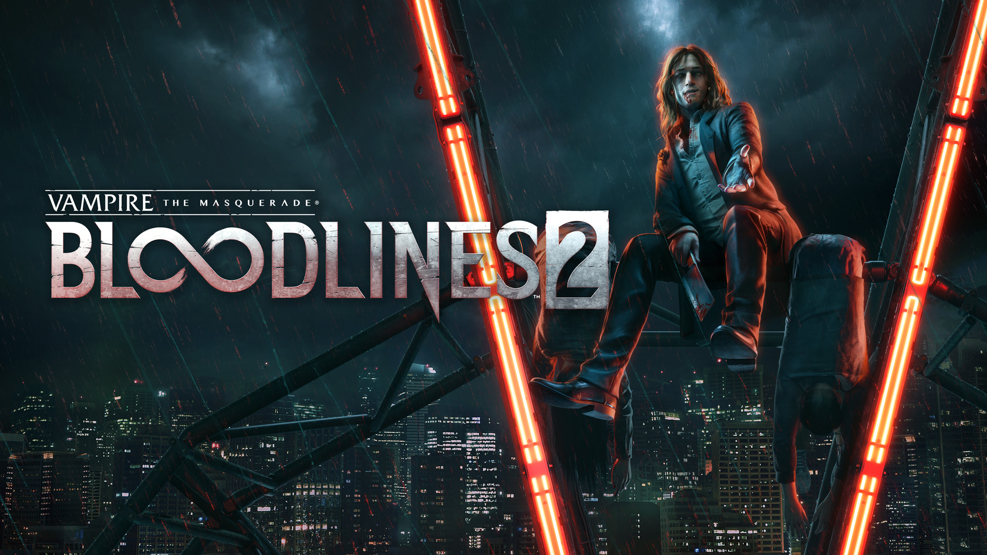 Poster resmi Vampire: The Masquerade – Bloodlines 2 dengan karakter vampir di atas kota malam.