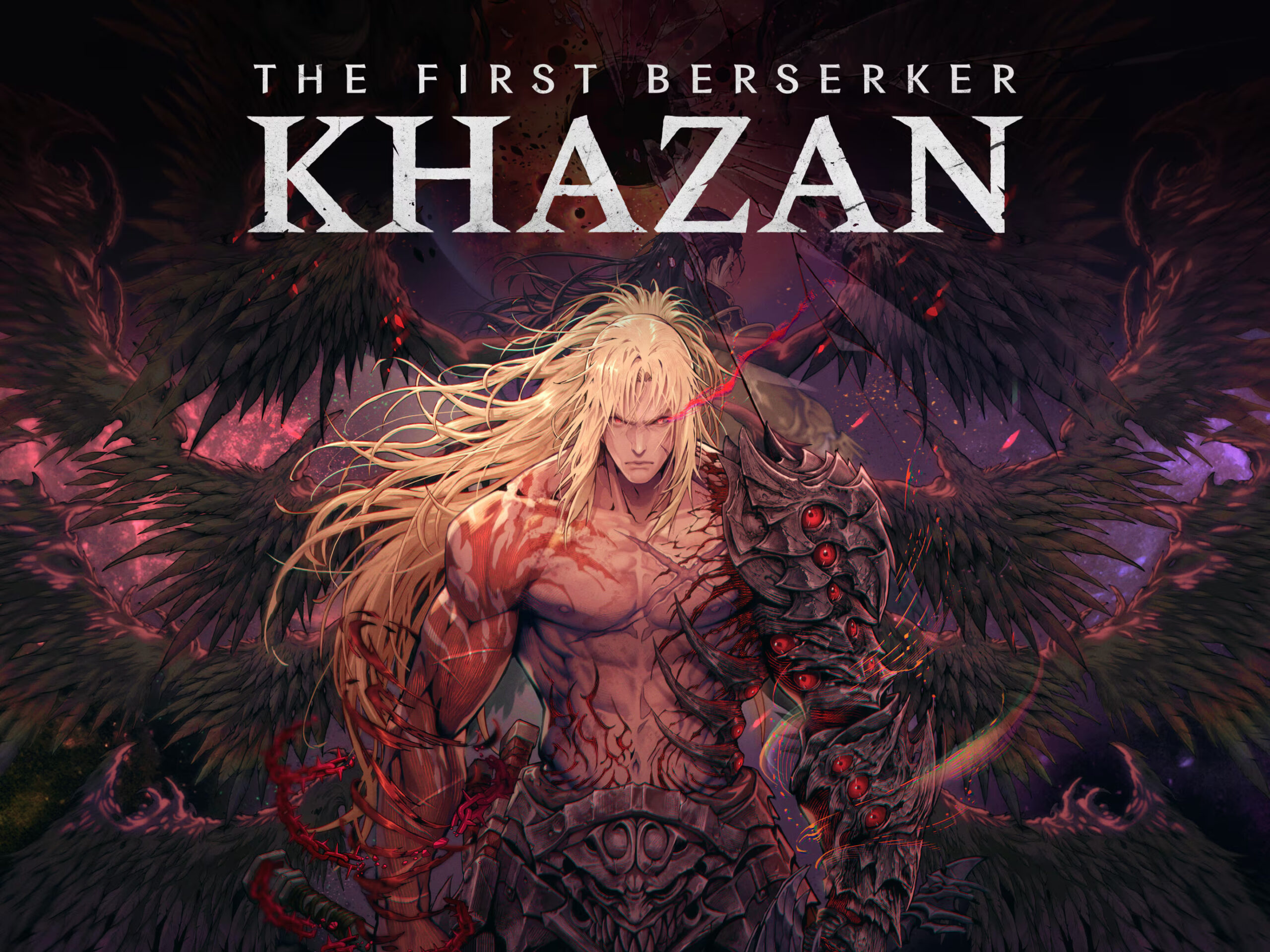 Ilustrasi karakter Khazan dengan armor gelap dan latar penuh sayap hitam