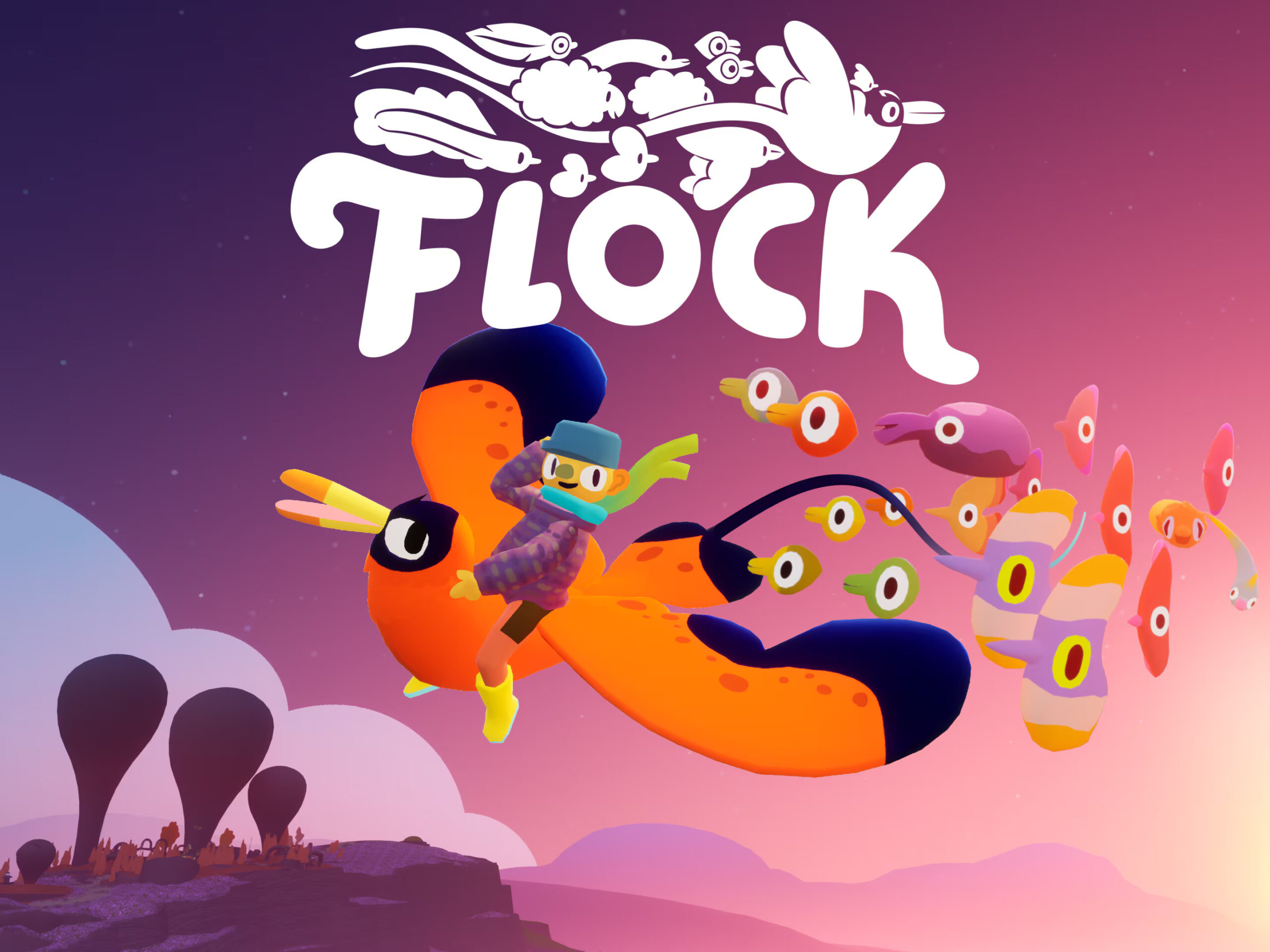 Poster resmi game Flock menampilkan karakter menunggang burung besar