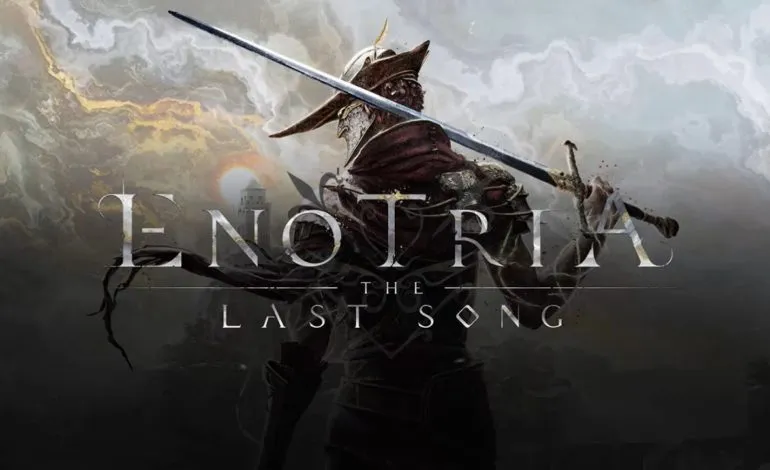 Poster resmi Enotria: The Last Song menampilkan karakter utama dengan pedang.