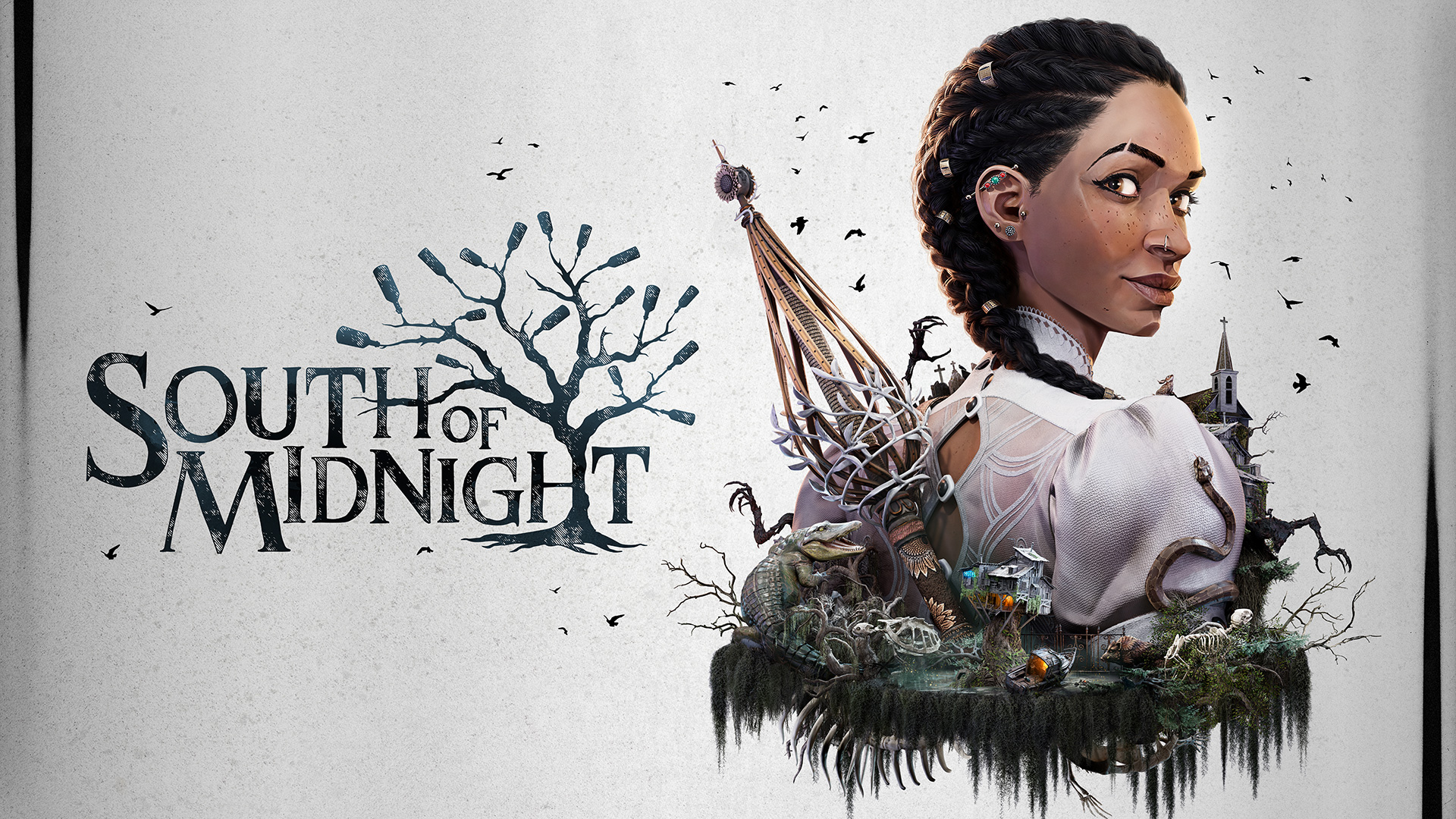 Hazel berdiri dengan latar dunia fantasi Southern Gothic
